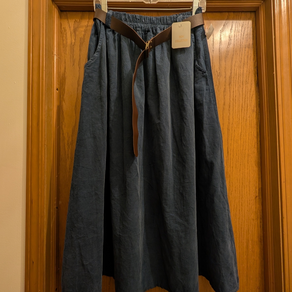 Elegant Blue A-Line Skirt with Belt